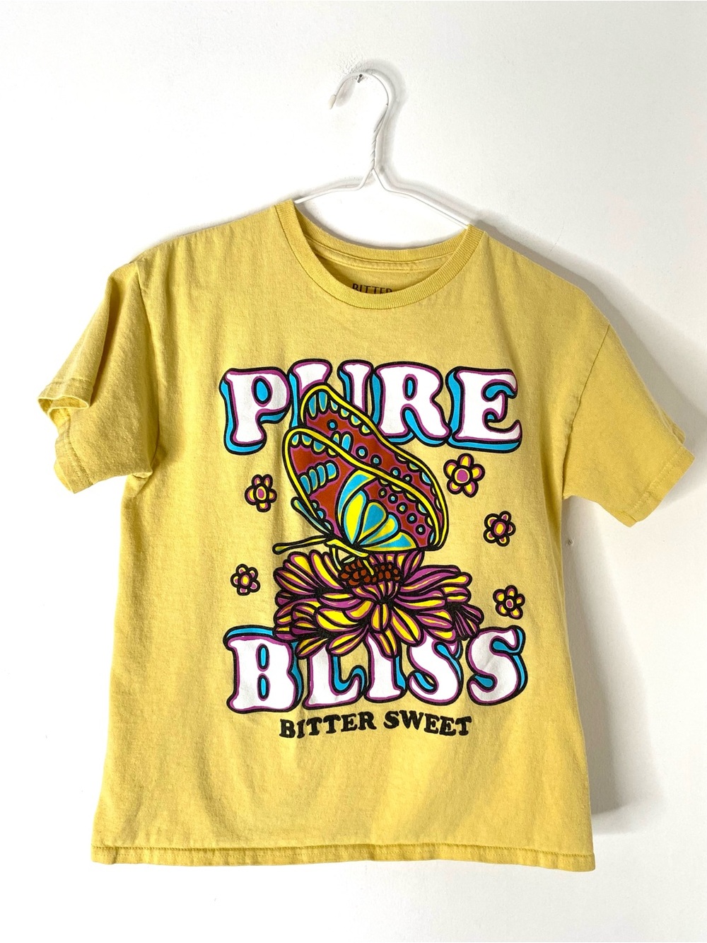 Yellow Butterfly Floral Graphic Tee “Pure Bliss” Hippie Y2K Crew Neck Cotton Top